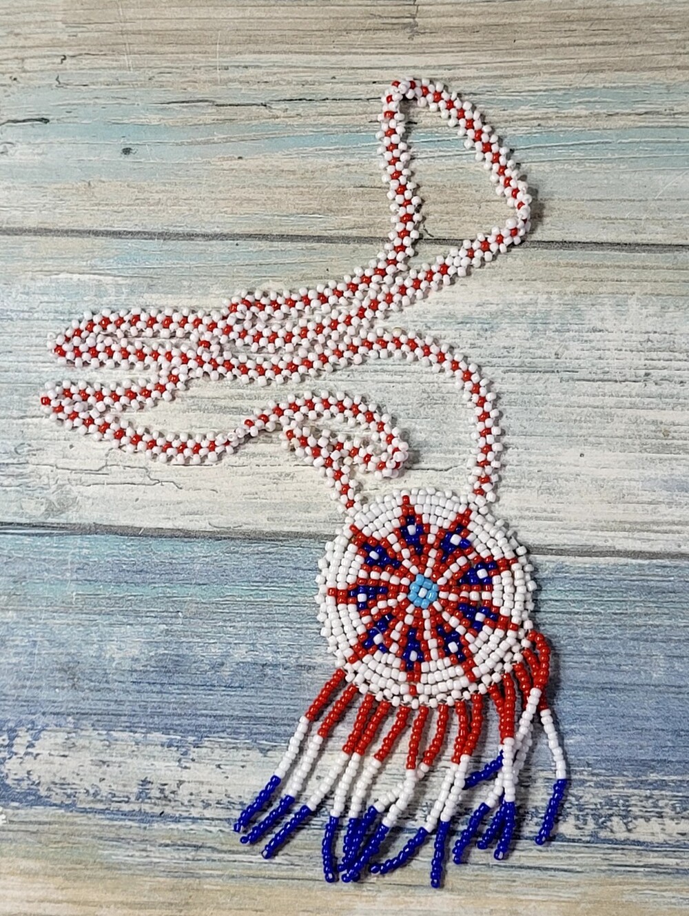 White, Red & Blue Seed Beaded Fringe Necklace - Picture 8 of 8